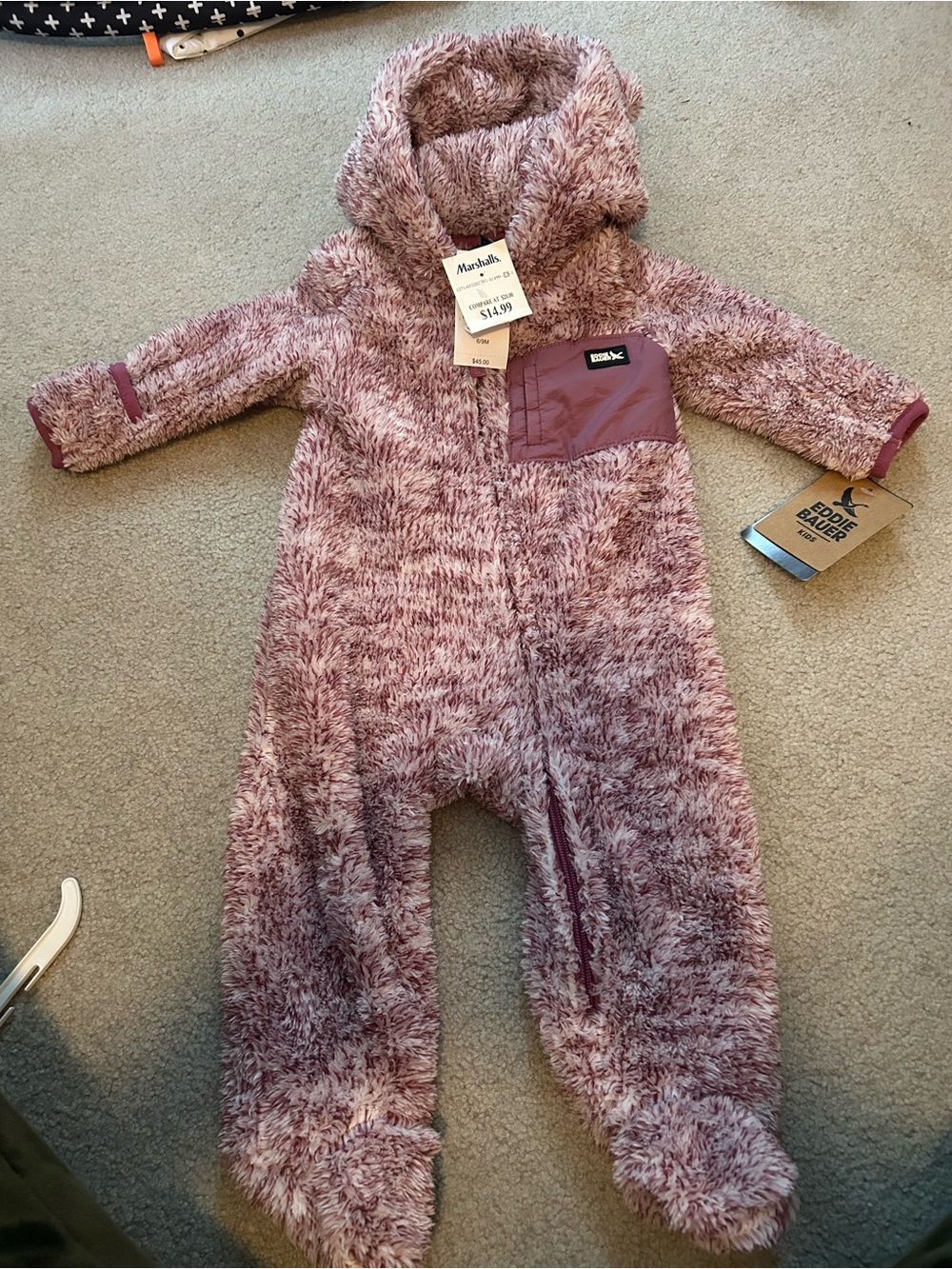 Eddie Bauer Plush Hooded Baby One-Piece in Mauve